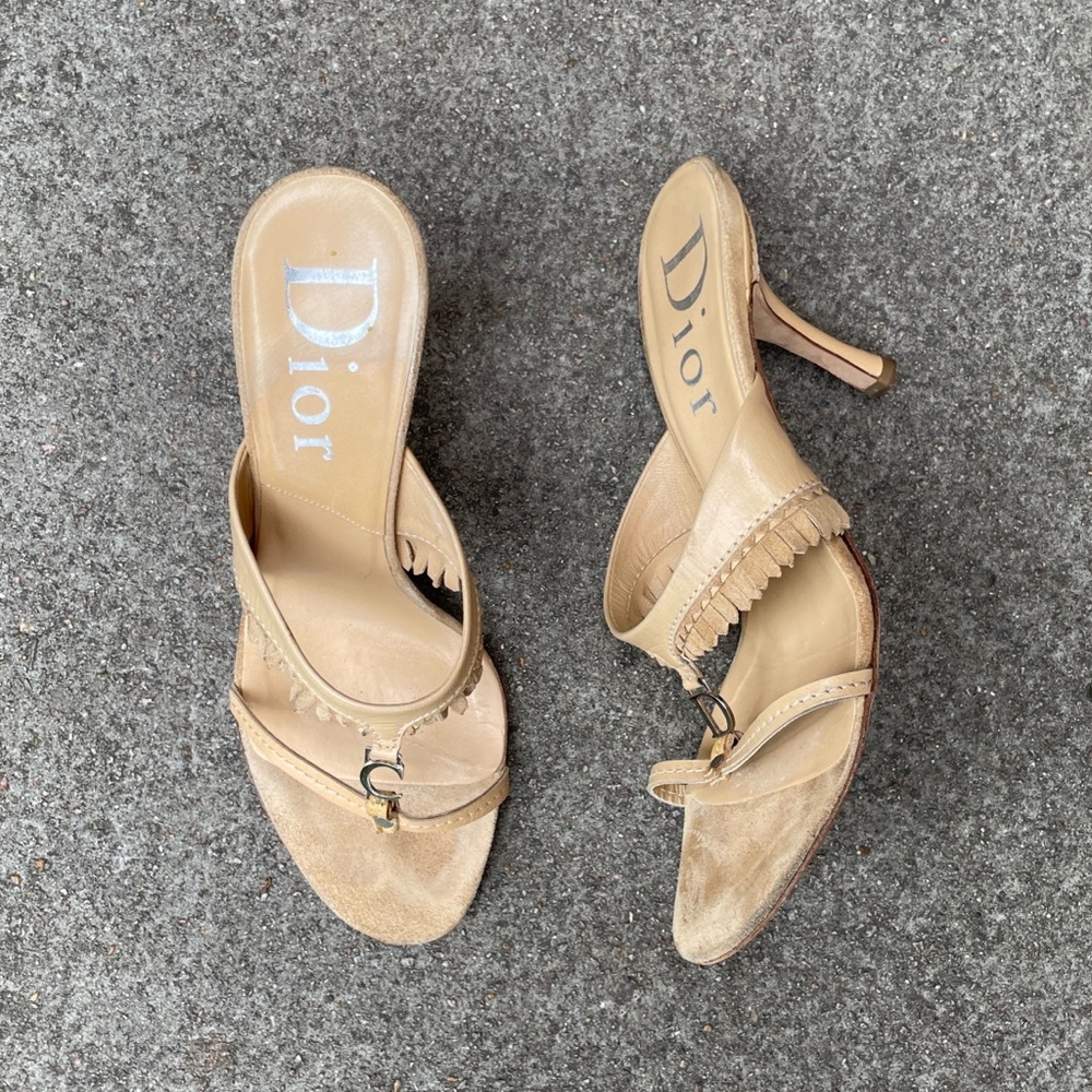 Dior by John Galliano 2000s Tan Suede Fringe Sandal Heels
